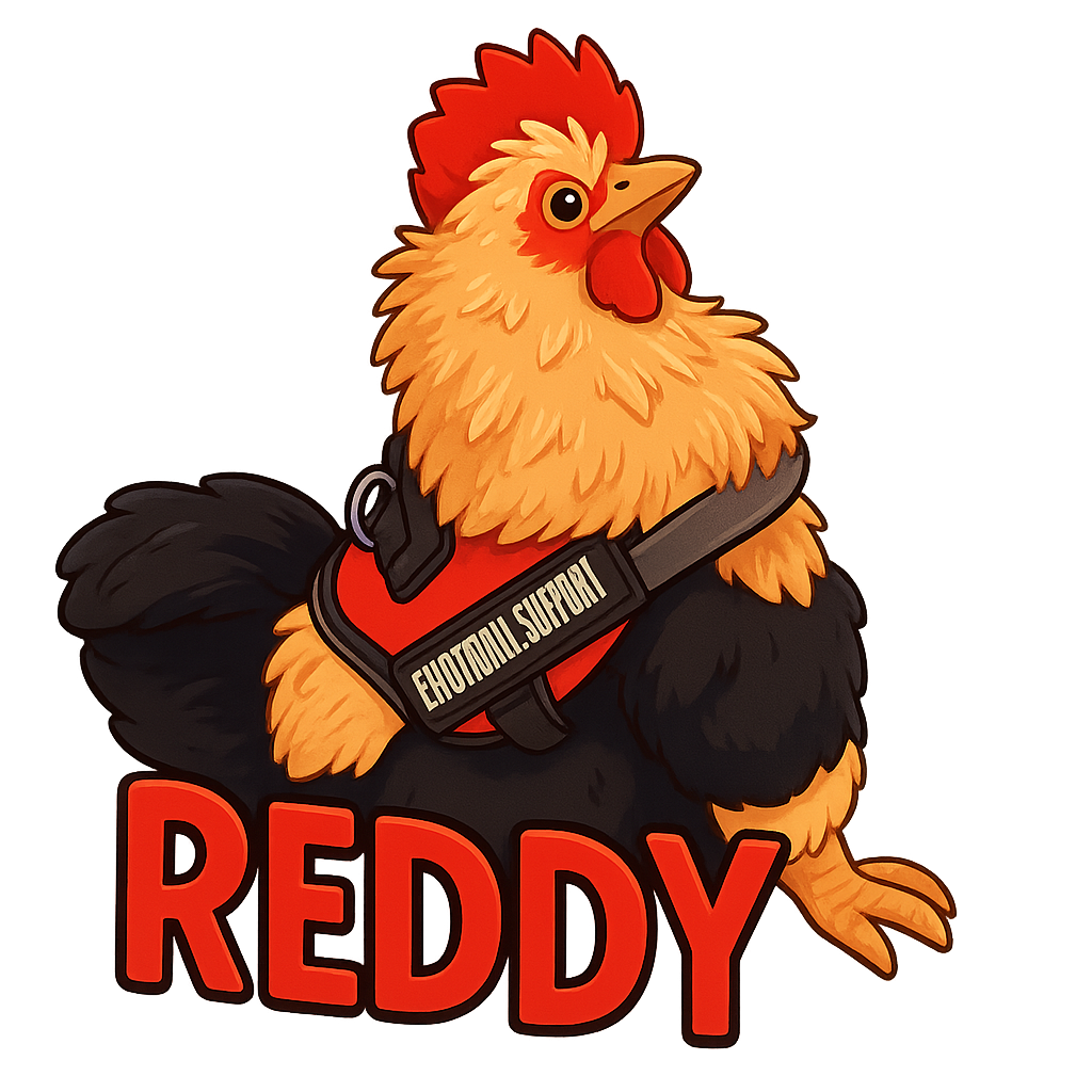 Custom Reddy sticker - Reddy isn't just any rooster. He's a medium-sized plush chicken with a bright red comb, wattles, and a hilarious 'Emotional Support' harness that sets him apart. Get your sticker and let Reddy bring humor and charm into your life.