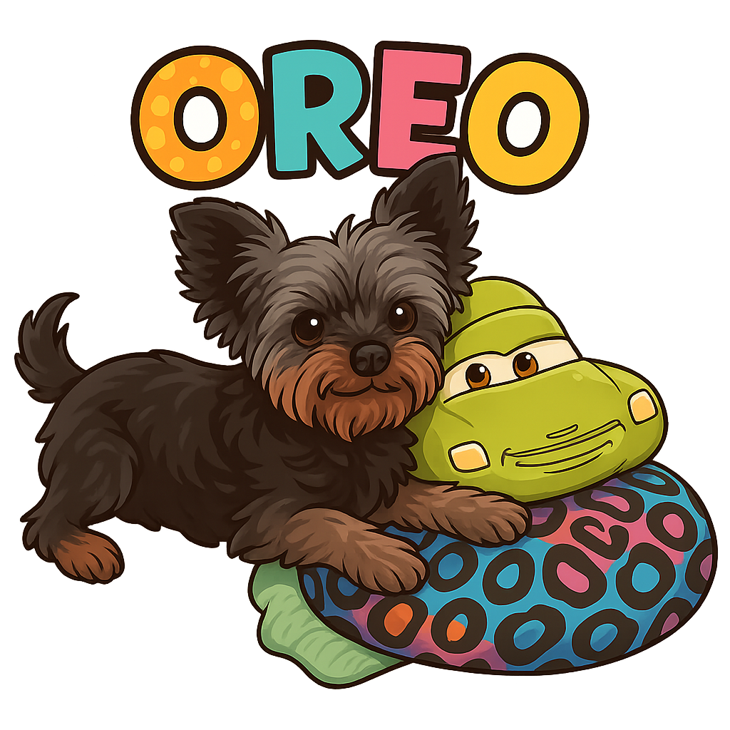 Custom Oreo sticker - Get to know Oreo, a Yorkshire Terrier with a personality as distinctive as his coat. He's not just any small dog - with his black and gray fur, he's a cozy companion that loves to lounge among pillows and toys.