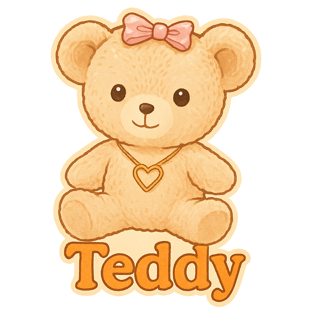 Custom Teddy sticker - Teddy is not your typical teddy bear. Adorned with a pink bow and a unique heart-shaped necklace, Teddy is all about charm and personality. Its light beige coat is as comforting as it is cute, perfect for a cheeky sticker design!