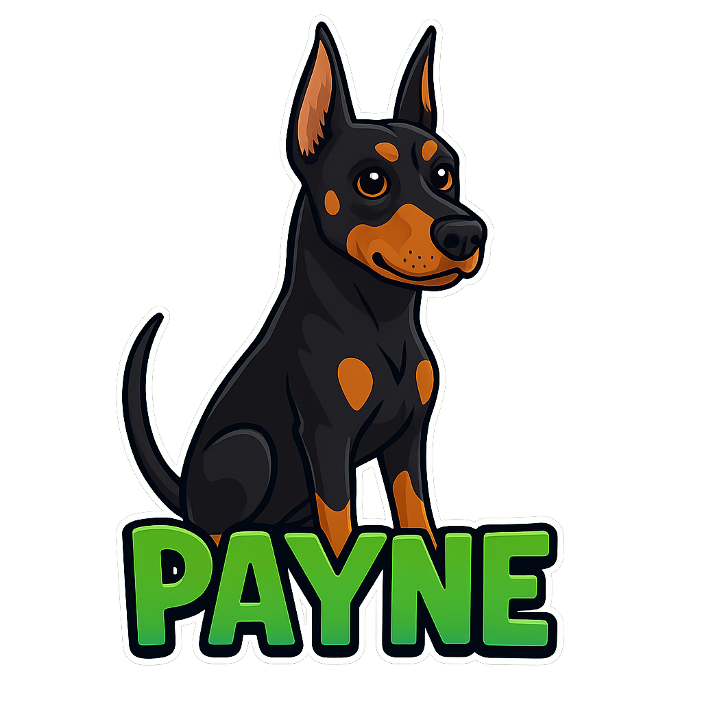 Custom Payne sticker - Say hello to Payne, the attention-grabbing Doberman Pinscher with his sleek, muscular build and distinctive black and rust coat. This watchful and intelligent dog is ready to adorn your belongings with a custom die-cut sticker.
