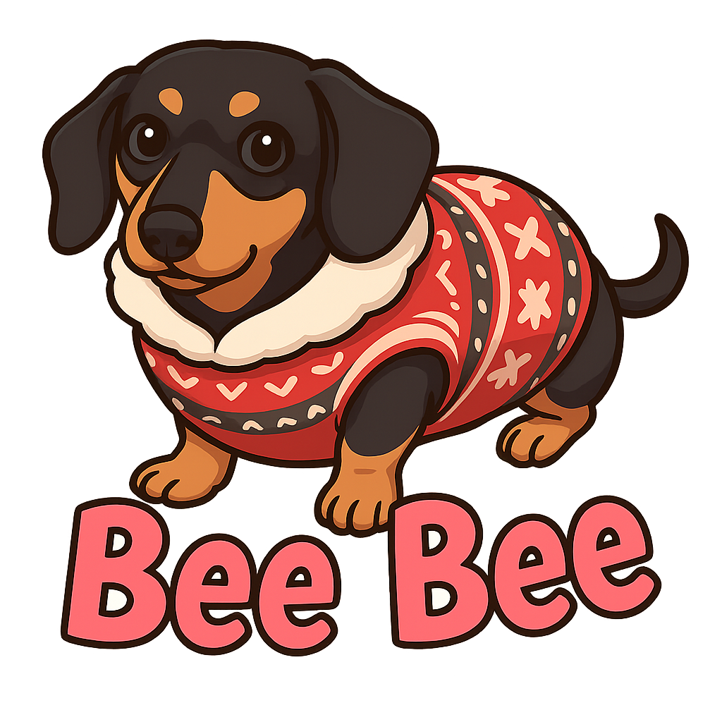 Custom Bee Bee  sticker - Our Dachshund sticker perfectly captures Bee Bee's unique personality and adorable tan markings. Wrapped in a festive sweater, this confident and curious little dog will surely catch everyone's eye!