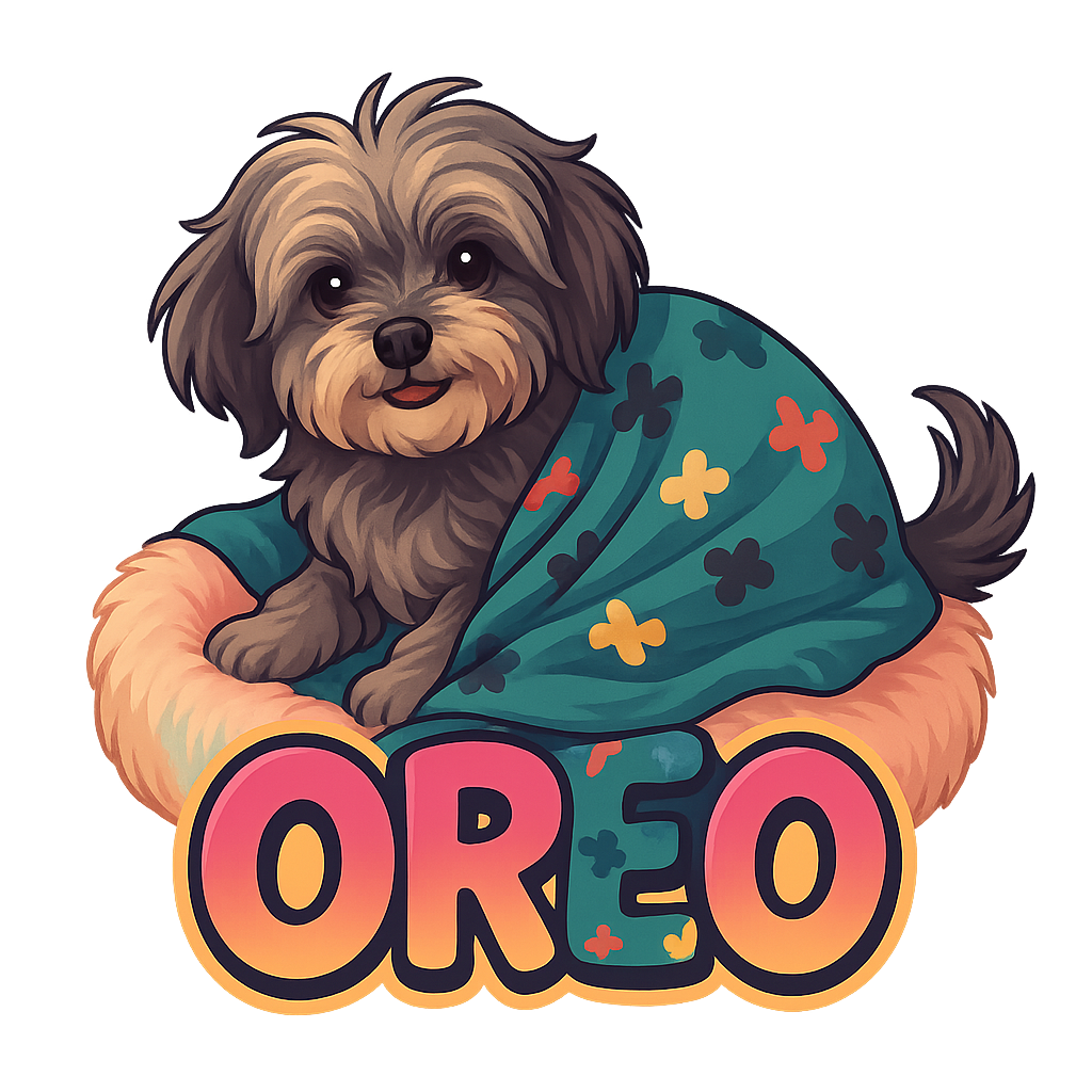 Custom Oreo sticker - Oreo is a mixed breed with an irresistibly fluffy coat and a gentle demeanor that's perfectly captured in our die-cut sticker. A relaxed pose on a colorful blanket highlights this charming dog's cozy and lovable nature.