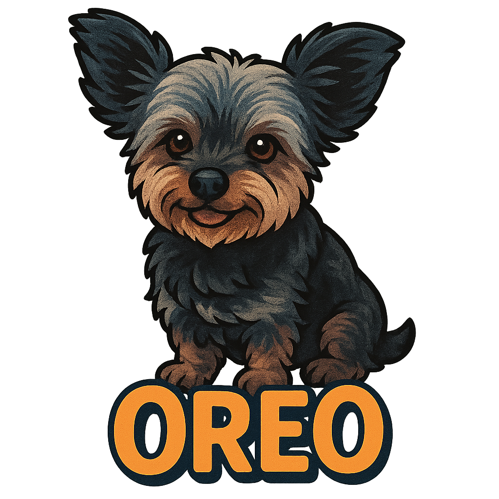 Custom Oreo sticker - Oreo is a Yorkshire Terrier full of curiosity and charm. From his alert upright ears to his distinctive grey, black, and tan coat, he is sure to make a delightful and endearing sticker.