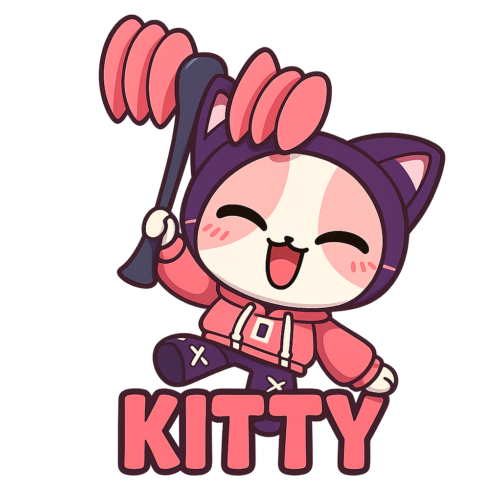 Custom Kitty sticker - Our Kitty sticker celebrates the joy and whimsy of cartoon cats. With her vibrant pink and purple colors, playful pose, and oversized toy hammer, Kitty is the epitome of animated feline fun. She's ready to leap into your heart and onto your favorite items with her unique die-cut sticker!
