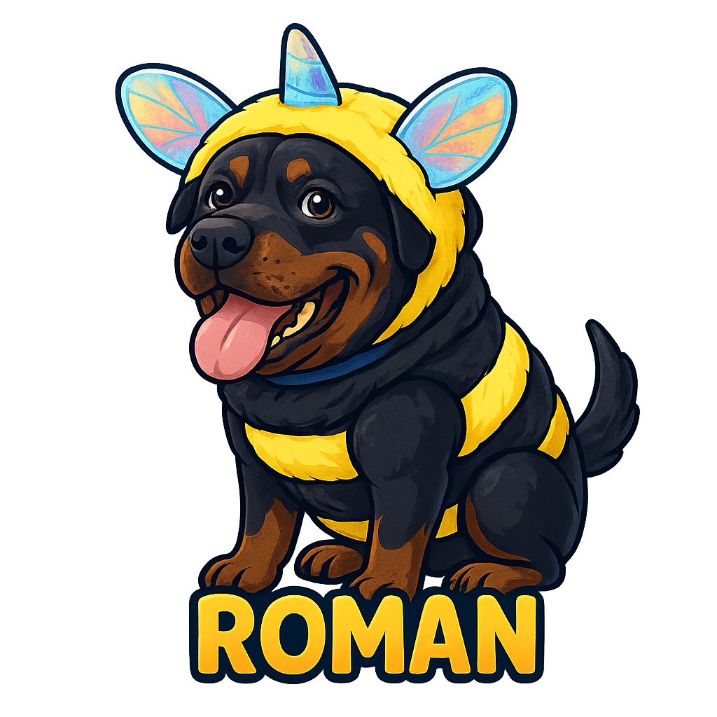 Custom Roman sticker - Meet Roman, a cheerful Rottweiler with a playful twist! Dressed in a bumblebee costume, Roman's robust build and signature tan markings are complemented by his warm, friendly demeanor. This sticker is perfect for adding a touch of whimsy and fun to any surface.