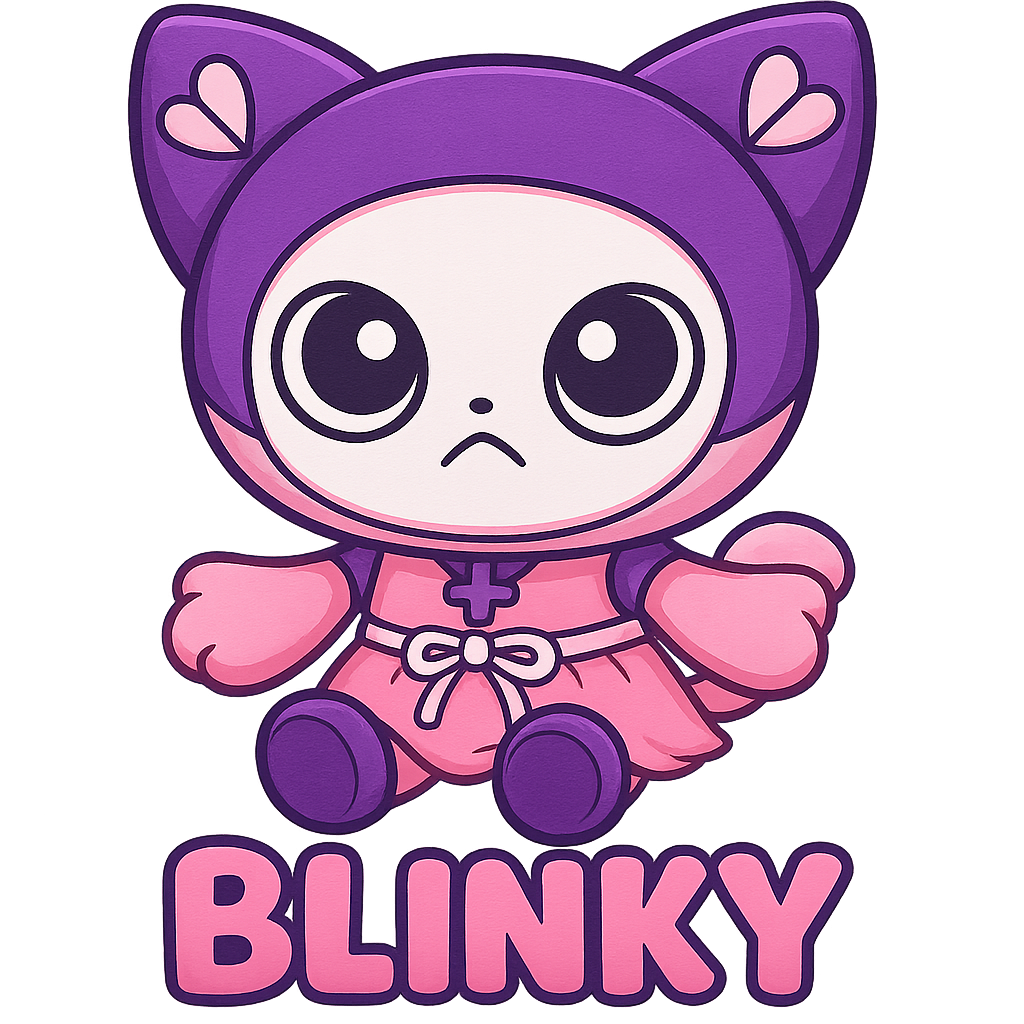 Custom Blinky sticker - Blinky might not be a real cat, but this plush toy has all the charm of one! Its distinctive color scheme of purple and pink, coupled with its large, expressive eyes and heart-shaped details, makes for a sticker design that's as cute and captivating as any feline friend could be.