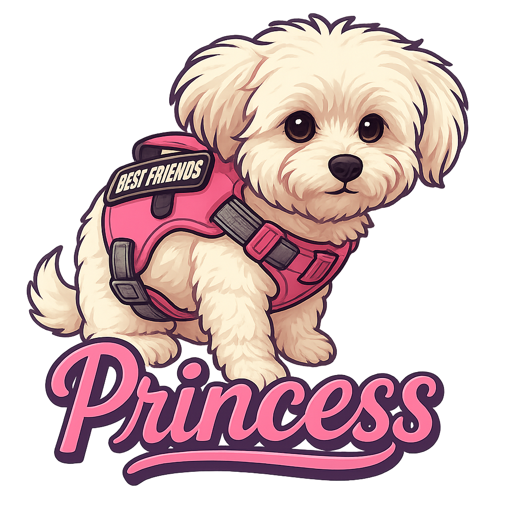 Custom Princess  sticker - Our Princess sticker perfectly encapsulates the elegance and charm of the Maltese breed. From her fluffy, white coat to the pink harness, it's a perfect representation of her stylish and engaging personality.