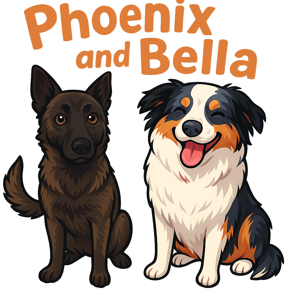 Custom Phoenix and Bella sticker - Phoenix, the inquisitive Belgian Malinois, is always on alert, displaying a deep, captivating brindle coat. Bella, the happy-go-lucky Australian Shepherd, steals the show with her striking white, black, and tan markings.