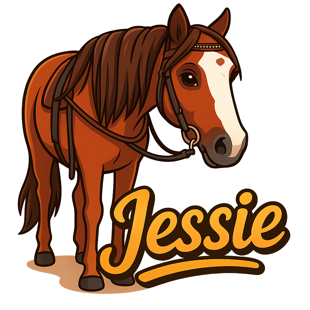 Custom Jessie sticker - Jessie, the Quarter Horse, exudes a calm and friendly personality. Her striking white blaze against her chestnut coat makes her the star of the pasture! She's always ready for a ride, waiting attentively with her bridle on.
