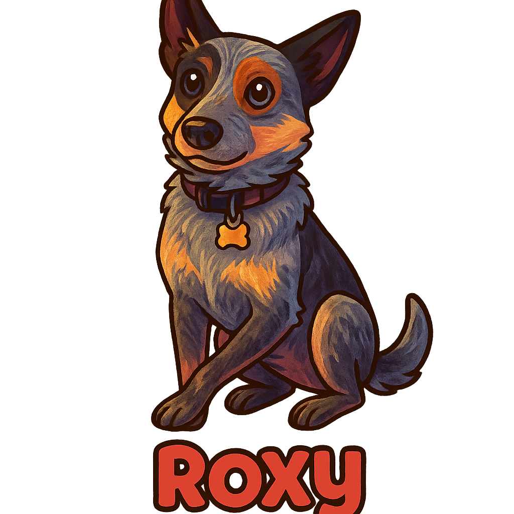 Custom roxy sticker - Roxy, an Australian Cattle Dog, is known for her alertness and unique speckled coat. Her black eye patch and perked ears make her stand out, just like our custom stickers will on any surface.