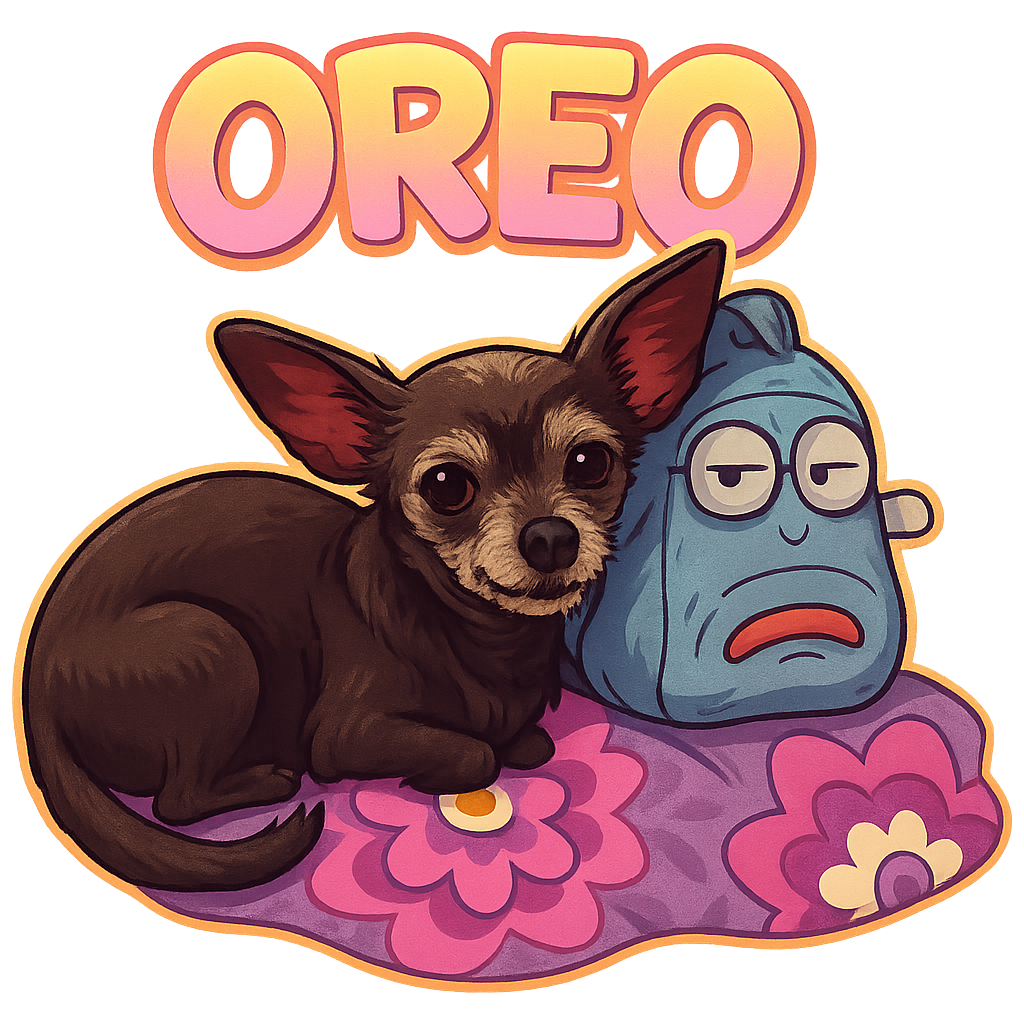 Custom Oreo sticker - Oreo's sticker captures the unique charm of a Chihuahua-Terrier mix. With his perked ears, light face, and dark body, he's got a look that's all his own. Plus, that contented expression shows he's a small dog with a big heart.