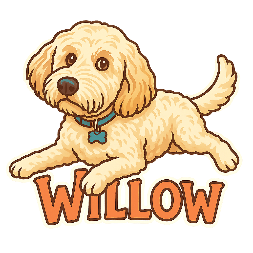 Custom Willow sticker - Willow, a Poodle mix, is all about the chill vibes. With her fluffy, curly coat and expressive eyes, she's as soft as a cloud and just as dreamy. Get a sticker that captures her easy-going charm!